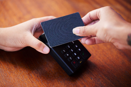 Hands, credit card and shopping payment machine for digital finance tech, pos technology and retail...