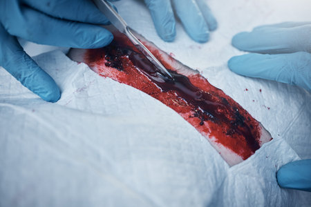 Hands, blood and operation with a team of doctors at work during surgery with equipment or a tool in...