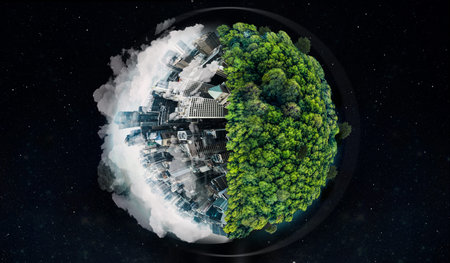 World, city buildings or forest in globalization crisis, climate change awareness or pollution...