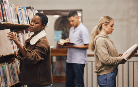 Diversity, education and students in library, knowledge and homework for studies, course material...