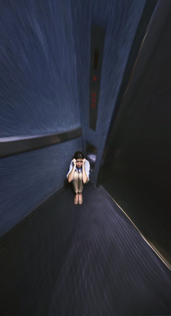 Trapped by her phobia. Distorted shot of a young woman trapped in an elevator.