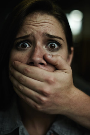 Help me...PLEASE. A terrified young woman held captive by a man with his hand over her mouth.