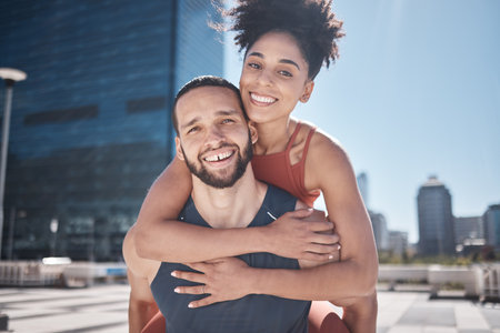 Fitness, piggyback and couple of friends in city workout, training or exercise portrait for support, love and energy with teamwork. Urban, sports and strong, athlete black people with cardio goalsの写真素材