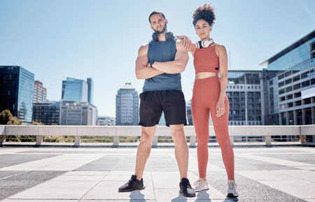 Black couple, outdoor training portrait and headphones for support, motivation and workout in city....