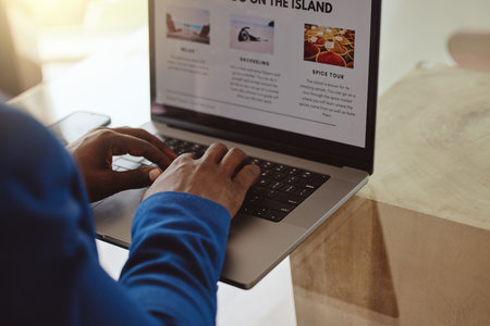 Laptop screen, travel website and hands of businessman typing information on vacation planning,...