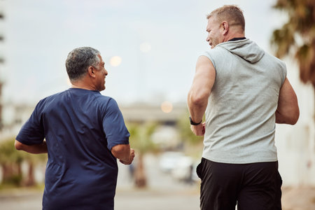 Back view, friends and fitness men in city, healthy lifestyle and outdoor performance. Senior males,...