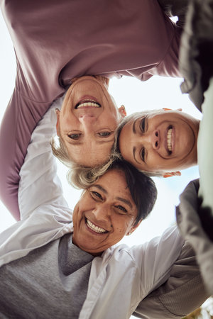 Fitness, portrait or senior friends with motivation, wellness goals or support in a group huddle for...