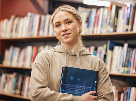 Face, woman and student in university library ready for learning. Education, portrait and happy female from Canada standing by bookshelf with book for studying, knowledge and literature research.の写真素材