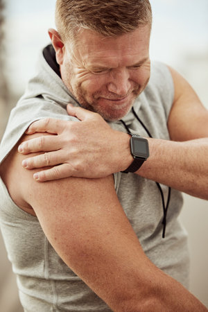 Fitness, shoulder pain and man with workout, exercise or runner in health, wellness and muscle risk...