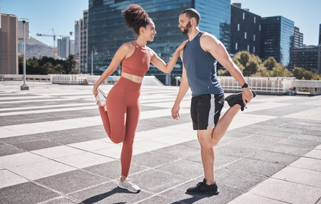 Fitness, city and couple stretching legs for exercise, health or wellness. Sports runner, diversity...