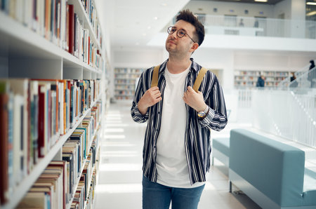 Library bookshelf, student and search for university, college or school books for research, learning...
