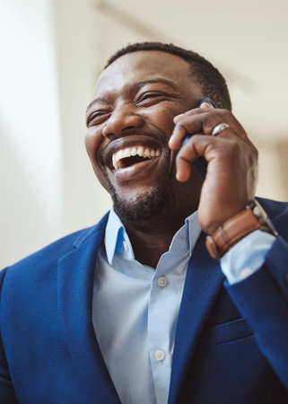 Phone call, communication and laughing with a business black man talking while working in corporate....