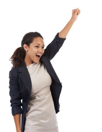 Success, celebration and business woman with arm up and white background mockup. Wow, celebrate and happy successful corporate black woman with smile, empowerment and happiness, celebrating new deal.の写真素材