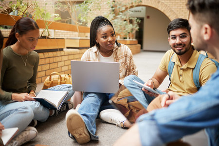Study, laptop and group of students research, planning or learning ideas, communication and teamwork...