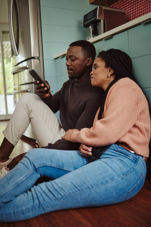Black couple, phone and streaming with home wifi while online on internet together for social media...