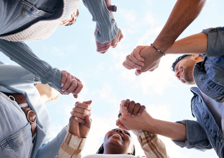 Support, teamwork or students holding hands with goals, educational community or hope for future...