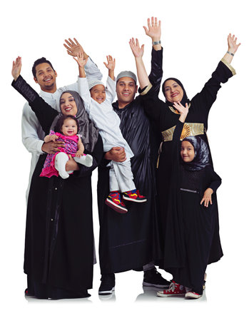 Muslim family, portrait and celebrate eid with women, men and children together for Islam religion. Hands of Arab parents and kids together for culture, love and peace isolated on a white backgroundの写真素材
