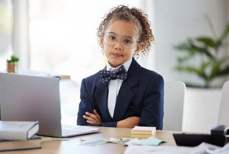 Ive heard this before. an adorable little girl dressed as a businessperson sitting with her arms folded and looking bored.の写真素材