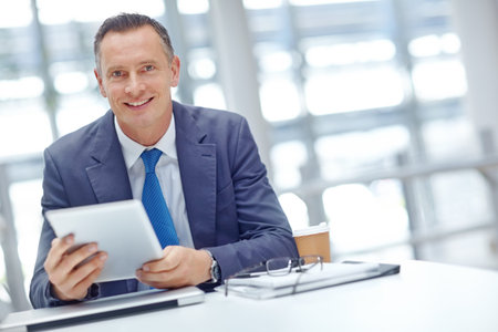 Smile, corporate or businessman with tablet for invest strategy, finance growth or financial review....