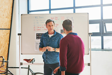 Presentation, whiteboard and meeting with business people for planning, idea and review. Data analytics, feedback and leadership with ceo coaching employee for innovation, strategy and web designerの写真素材