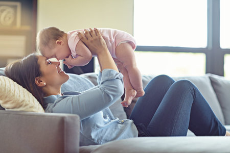 Mother, bonding or baby girl in airplane game on house living room, relax nursery or family home...