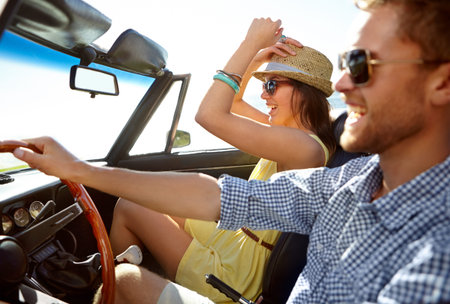 Car road trip, travel profile and happy couple on bonding holiday adventure, transportation journey...