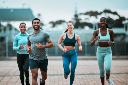 My squad and i tear up the road. a group of friends hanging out before working out together.の写真素材