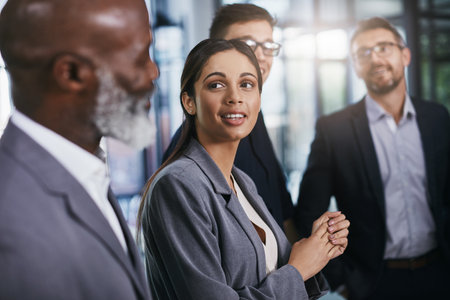 Business people, diversity and meeting in teamwork collaboration, global growth or conference success. Smile, happy woman and corporate men in office training, strategy planning or education workshopの写真素材