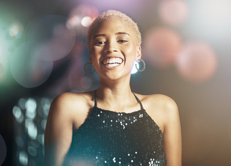 Portrait, happy woman and face with glitter and disco, party girl in night club with happiness and...