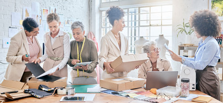 Collaboration, e commerce delivery box or team work on retail package, stock product or sale...