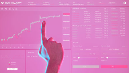 Hand, dashboard ui and man with stock market, trading or investment app. Ux, data and male with pink...
