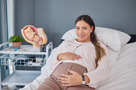 Pregnant woman, doctor consultation office and portrait of a new mother ready for ultrasound....