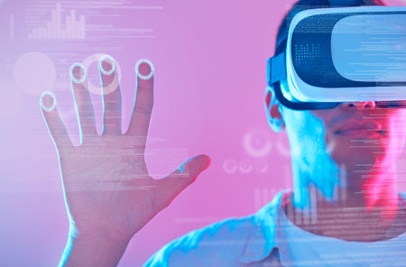 Hand, 3d futuristic and man in virtual reality exploring a cyber world. Digital transformation,...