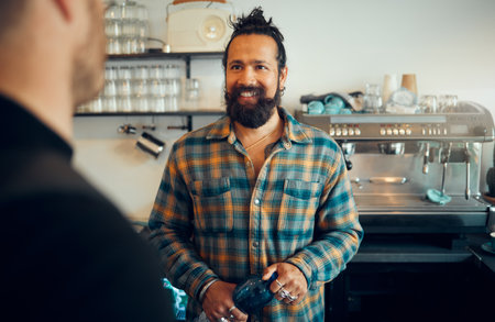 Man, barista helping customer and service in coffee shop, conversation and friendly entrepreneur. Guy, male employee or assist client in cafe, talking or order tea with successful business or startupの写真素材