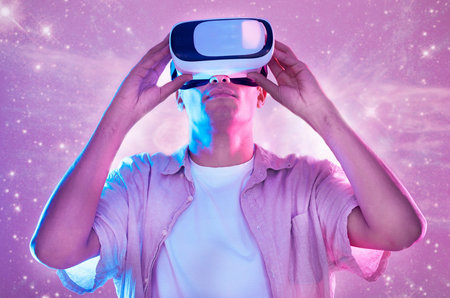 Futuristic, virtual reality and man in universe space on 3d technology headset. Vr metaverse, pink...