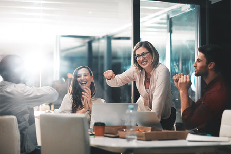 Fist bump, data analysis or business people in success business meeting, invest strategy or planning company finance.Celebrating, happy or teamwork on tax data analysis or global financial networkの写真素材