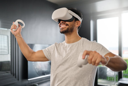 Man, futuristic or virtual reality glasses for online game, ui digital dashboard or playing. Vr,...