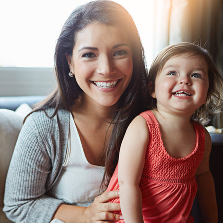 Mother, child and happy portrait together on sofa in living room for relax love bonding, fun and...