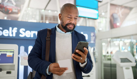 Travel, email and black man with phone and ticket for information, communication and airport...