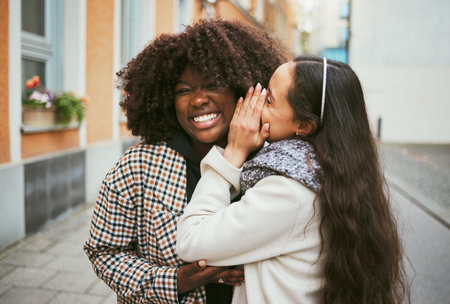 Women, laughing or whispering secret in city street, road or urban London for gossip, story or news....