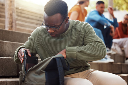 University, student and black man looking in bag at campus for learning, studying or lost knowledge book. College steps, scholarship and male checking or searching backpack for missing item outdoors.の写真素材