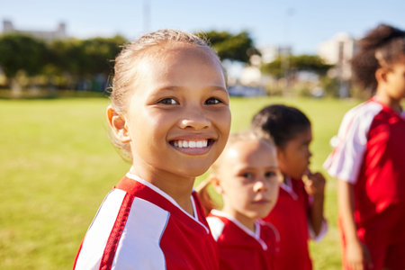 Girl soccer player, portrait and field for training, teamwork and group diversity with smile. Young...