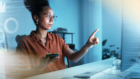 Hologram data, trading overlay and business woman with phone point at nft code in a office. Fintech, invest and 3d information technology work of finance worker with future digital networking growthの写真素材