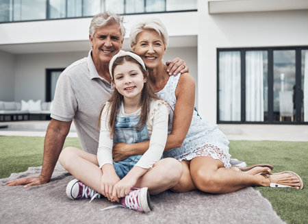 Smile, garden and portrait of girl with grandparents enjoying weekend, holiday and quality time...