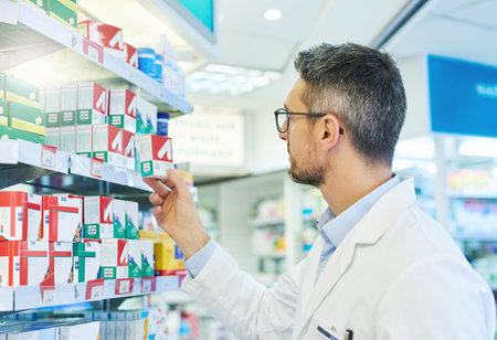 Trust him to get you well in no time. a mature pharmacist working in a pharmacy.の写真素材
