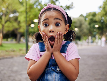 Wow, surprise and girl child at park outdoors looking shocked. Face portrait, omg and shock of kid from South Africa with surprised facial expression after good news while on holiday or vacation.の写真素材