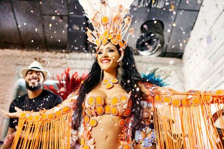 Samba, music and dance with woman at carnival for celebration, party and festival in Rio de Janeiro....
