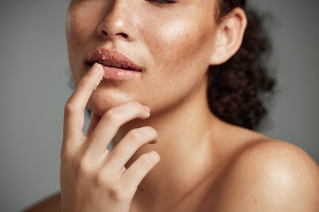Woman, hand and lips in sugar scrub for skincare, makeup or cosmetics against a grey studio background. Happy female applying treatment for facial cosmetic, lip dermatology or mouth exfoliationの写真素材
