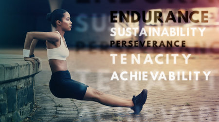 Motivation, fitness and words while woman exercise, workout or training outdoors in a city or town....