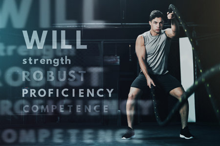 Motivation, fitness and athlete with words for exercise, workout and cardio training. Sports, health...